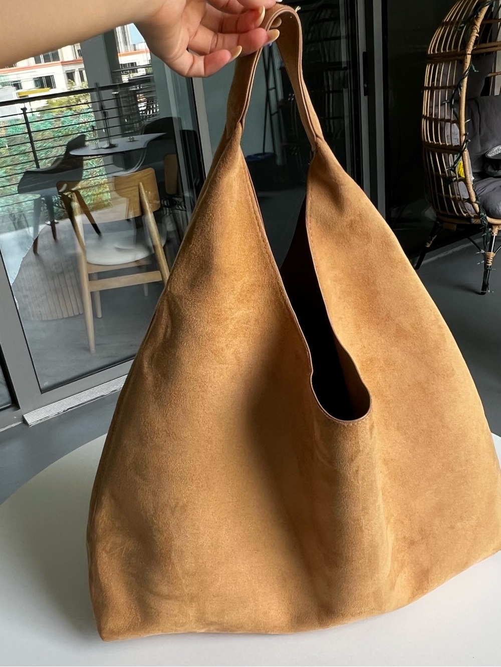 Faux Suede Oversized Hobo Tote in Camel
